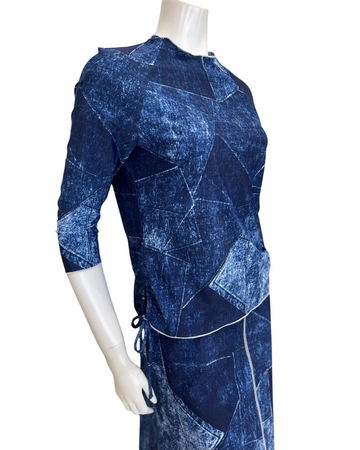 Seashells S7549 Denim Patchwork 3/4 Sleeve Swim Top with Side Ruching Myselflingerie.com